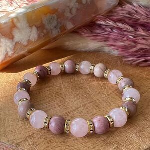 Natural Rose Quartz & Rhodochrosite Beaded Bracelet Gemstone Stretch Crystal New